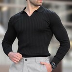 V-Neck Rib Knit Polo Sweater // Black (S)