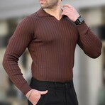 V-Neck Rib Knit Polo Sweater // Brown (S)