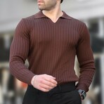 V-Neck Rib Knit Polo Sweater // Brown (S)