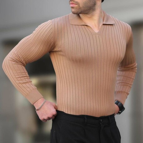 V-Neck Rib Knit Polo Sweater // Camel (S)