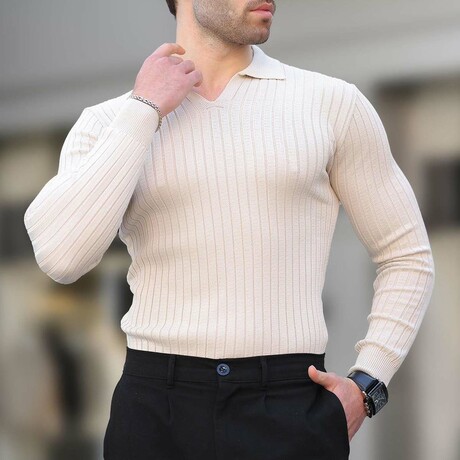 V-Neck Rib Knit Polo Sweater // Beige (S)