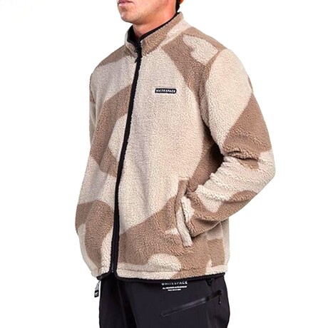WHITESPACE // Men's // Cinchable Sherpa Fleece Zip-Up // Tan Camo Print + Black (S)