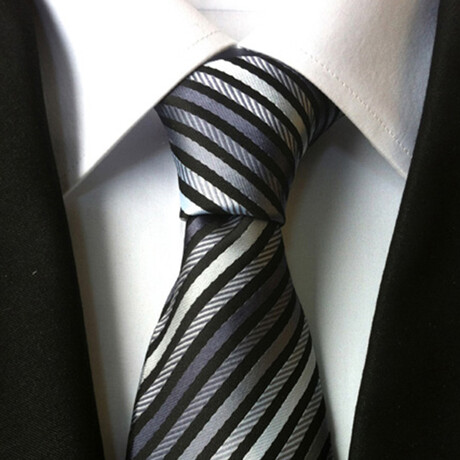 Formal Men’s Necktie // Black, Silver & Grey Diagonal Stripe