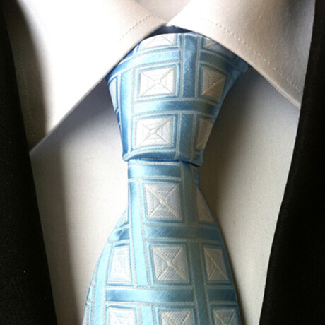 Formal Men’s Necktie // Light Blue & White Square Pattern
