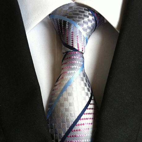 Formal Men’s Necktie // Silver, Blue & Pink Textured Diagonal Stripe