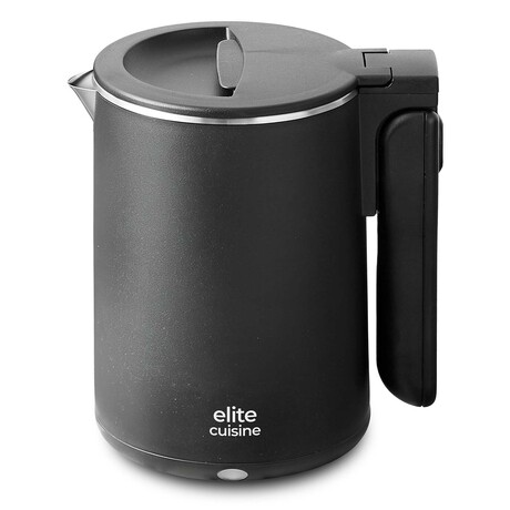 Elite Gourmet EKT719 Dual Voltage 110-220V US Plug, Travel Double Wall Insulated Cool-Touch, 0.6L Electric Kettle, Stainless Steel Interior, Hinged-Locking Lid, Retractable Handle, Auto Shut-Off, Boil Dry Protection, matte Black