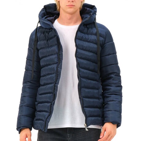 Hooded Striped Puffer Jacket // Dark Blue (M)