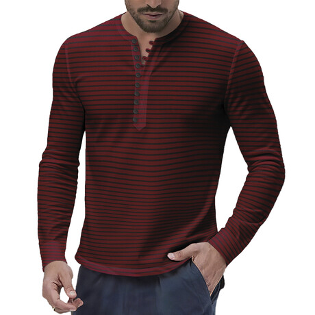 Striped Henley Shirt // Wine Red (XS)