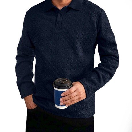 Zigzag Textured Long-sleeved Polo // Navy Blue (XS)