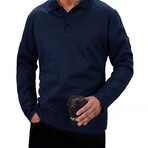 Square Cableknit Textured Long-sleeved Polo // Navy Blue (L)
