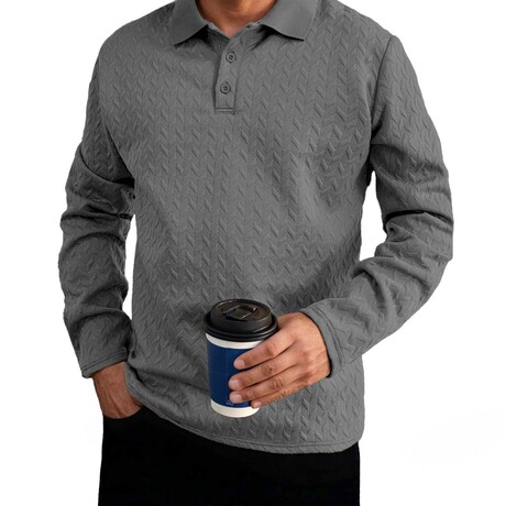 Zigzag Textured Long-sleeved Polo // Grey (XS)