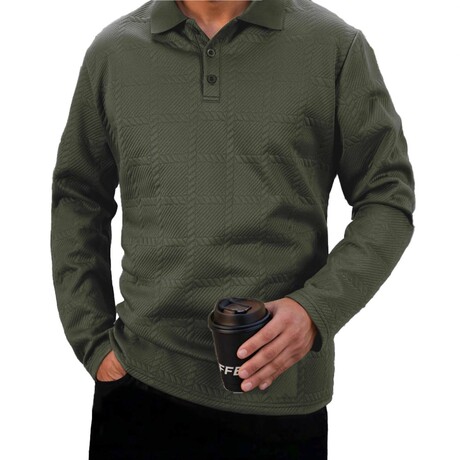 Square Cableknit Textured Long-sleeved Polo // Army Green (XS)