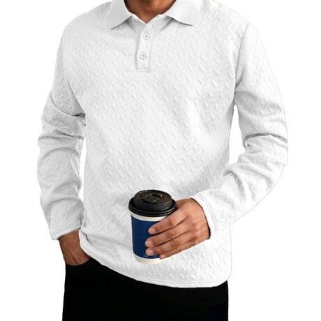 Zigzag Textured Long-sleeved Polo // White (XS)