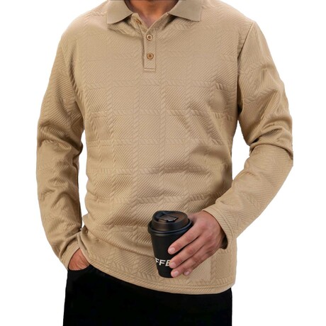 Square Cableknit Textured Long-sleeved Polo // Khaki (XS)