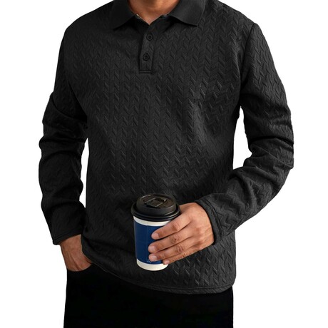 Zigzag Textured Long-sleeved Polo // Black (XS)