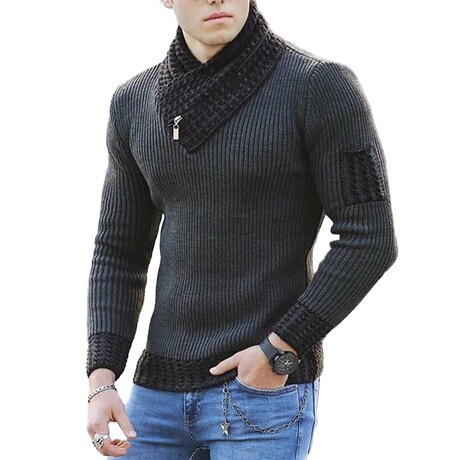 Ribbed Shawl Collar Sweater // Dark Grey (XS)