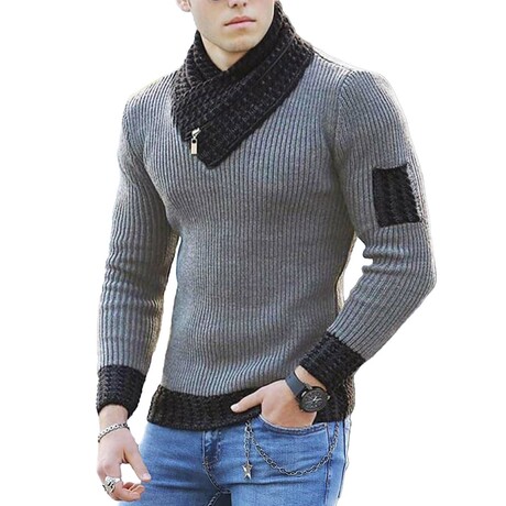 Ribbed Shawl Collar Sweater // Grey (XS)
