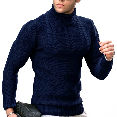 Roll-neck Knit Sweater // Navy Blue (XS)