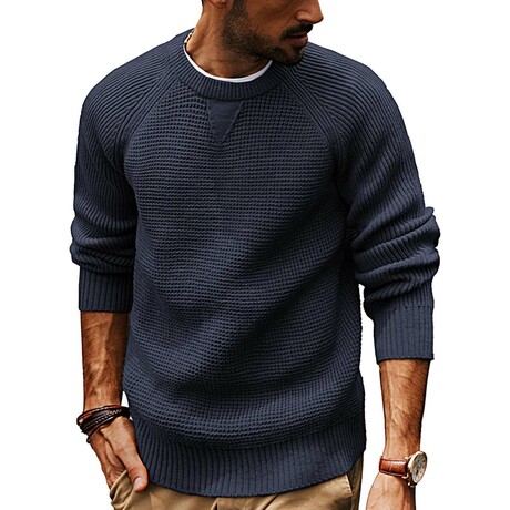 Crewneck Waffle Knit Sweater // Dark Blue (XS)