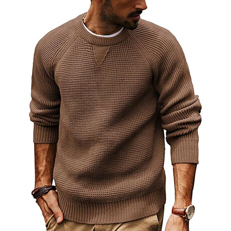 Crewneck Waffle Knit Sweater // Brown (XS)