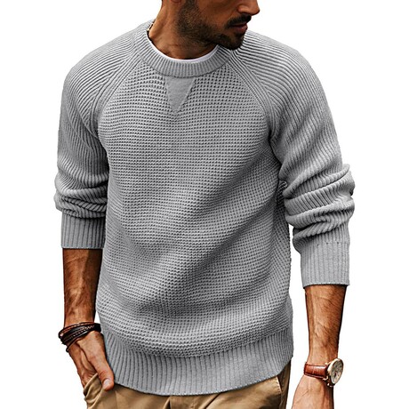 Crewneck Waffle Knit Sweater // Light Grey (XS)