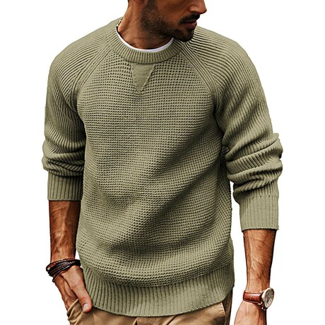 Crewneck Waffle Knit Sweater // Army Green (XS)