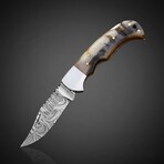 Hand-Forged Damascus Folding Knife // Natural Ram Horn