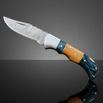 Artisan Damascus Folding Knife // Blue & Olive Wood