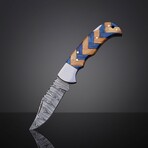 Artisan Damascus Folding Knife // Blue & Olive Wood // Herringbone