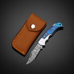 Artisan Damascus Steel Folding Knife // Blue Pakka Wood