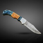 Artisan Damascus Folding Knife // Blue & Olive Wood