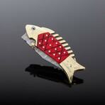 Hand-forged Damascus Folding Knife // Red Pakka Wood & Brass // Fish