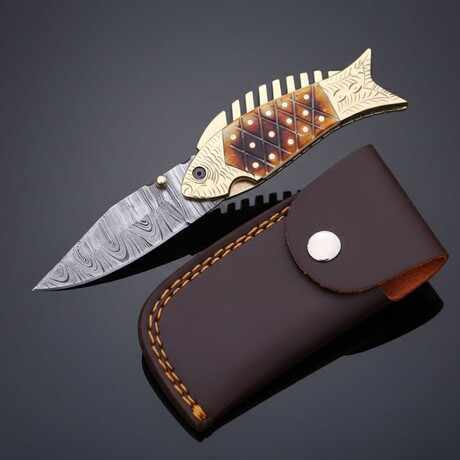 Hand-Forged Damascus Folding Knife // Brass & Bone Inlay // Fish