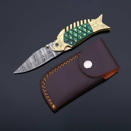 Artisan Damascus Pocket Knife // Green Pakka Wood & Brass // Fish