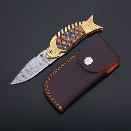 Hand-forged Damascus Folding Knife // Black & Grey Pakka Wood & Brass // Fish
