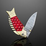 Hand-forged Damascus Folding Knife // Red Pakka Wood & Brass // Fish