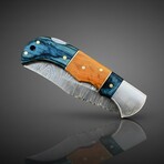 Artisan Damascus Folding Knife // Blue & Olive Wood