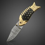 Damascus Folding Knife // Black Micarta & Brass // Fish