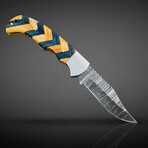 Artisan Damascus Folding Knife // Blue & Olive Wood // Herringbone