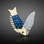 Artisan Damascus Folding Knife // Blue Pakka Wood & Brass // Fish