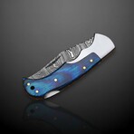 Artisan Damascus Steel Folding Knife // Blue Pakka Wood