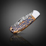 Artisan Damascus Folding Knife // Olive Wood & Blue Resin // Striped