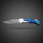 Artisan Damascus Steel Folding Knife // Blue Pakka Wood