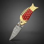 Hand-forged Damascus Folding Knife // Red Pakka Wood & Brass // Fish
