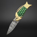 Artisan Damascus Pocket Knife // Green Pakka Wood & Brass // Fish
