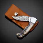 Hand-Forged Damascus Folding Knife // Natural Ram Horn