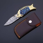 Artisan Damascus Folding Knife // Blue Pakka Wood & Brass // Fish