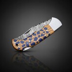 Artisan Damascus Folding Knife // Olive Wood & Blue Resin // Cheetah