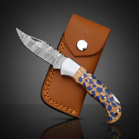 Artisan Damascus Folding Knife // Olive Wood & Blue Resin // Cheetah