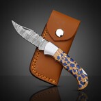 Artisan Damascus Folding Knife // Olive Wood & Blue Resin // Cheetah